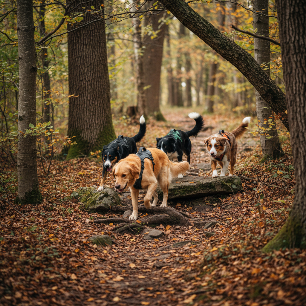 A mid-action photographic scene of several athletic dogs navigating a rugged forest trail section, stepping confidently over exposed roots and flat boulders. The dogs wear coordinated but not identical harnesses in muted outdoor tones—slate, forest green, and burnt orange—with visible grab handles and reflective accents. Fallen leaves in rich browns and ochres cover the ground, and tall trunks frame the narrow path. Soft, filtered midday light penetrates the canopy, creating a balanced exposure with clear detail in both highlights and shadows. Captured from a slightly elevated three-quarter angle, the composition emphasizes the line and spacing of the dogs as they move together, projecting controlled energy, teamwork, and experienced outdoor guidance in a natural, professional photographic style.